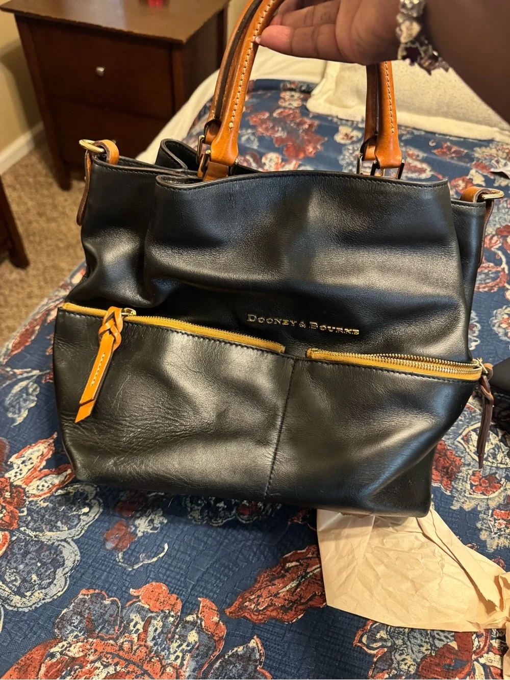 Dooney & Bourke Black and Tan Leather Top-Handle Satchel